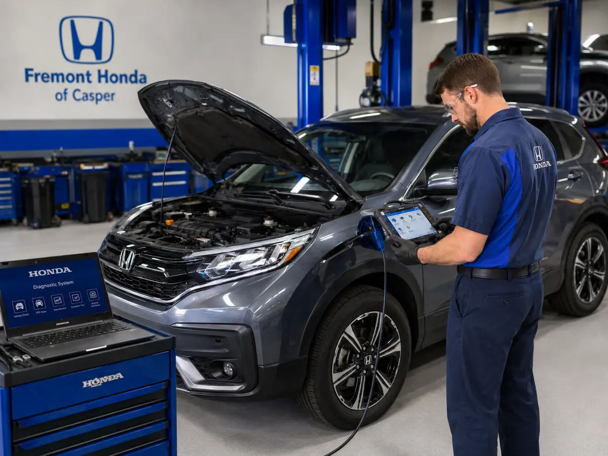 Certified Honda technician using diagnostic equipment during service in Casper.