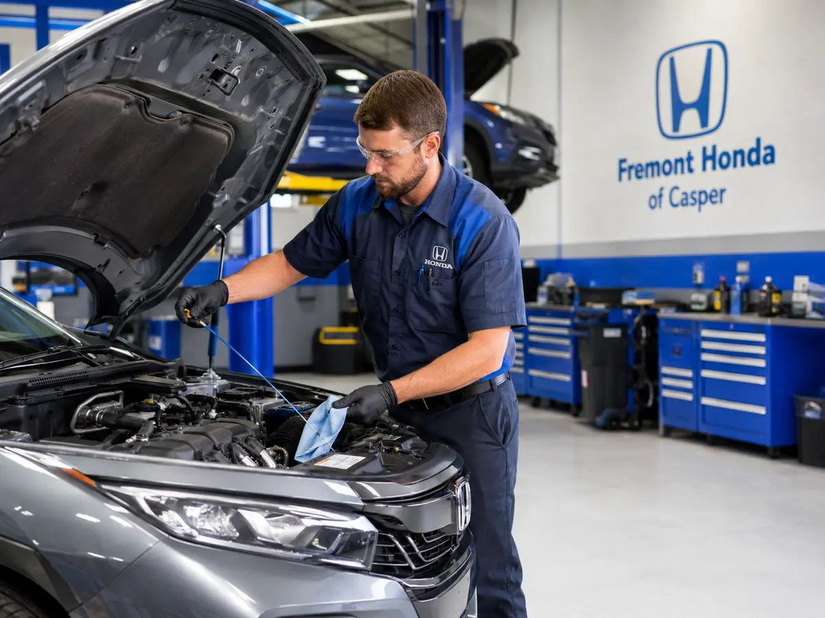 Honda technician performing scheduled maintenance at Fremont Honda of Casper.